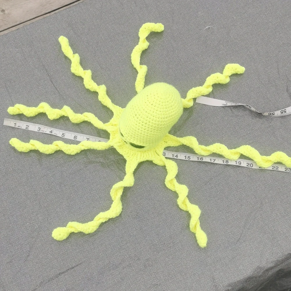 Creepy Octopus Bright Neon Yellow with black eyes crochet handmade homemade - Picture 4 of 5